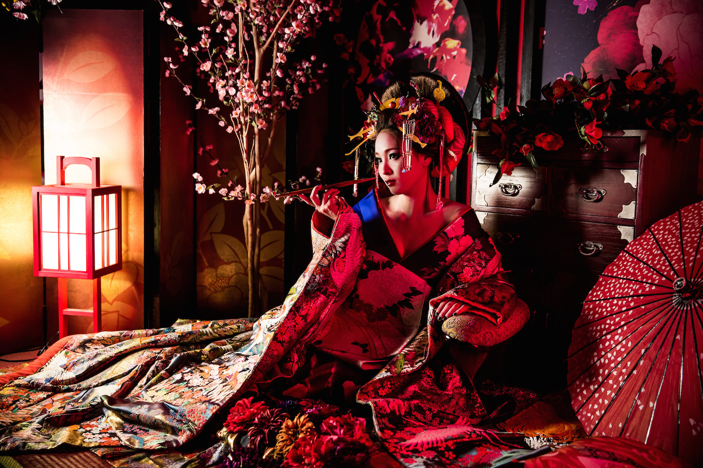 A beautiful lady dressed up as oiran for make-over photo in Kyoto