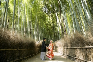 A couple looking at each other surrounded by bamboo forest in Arashiyama for pre-wedding photo