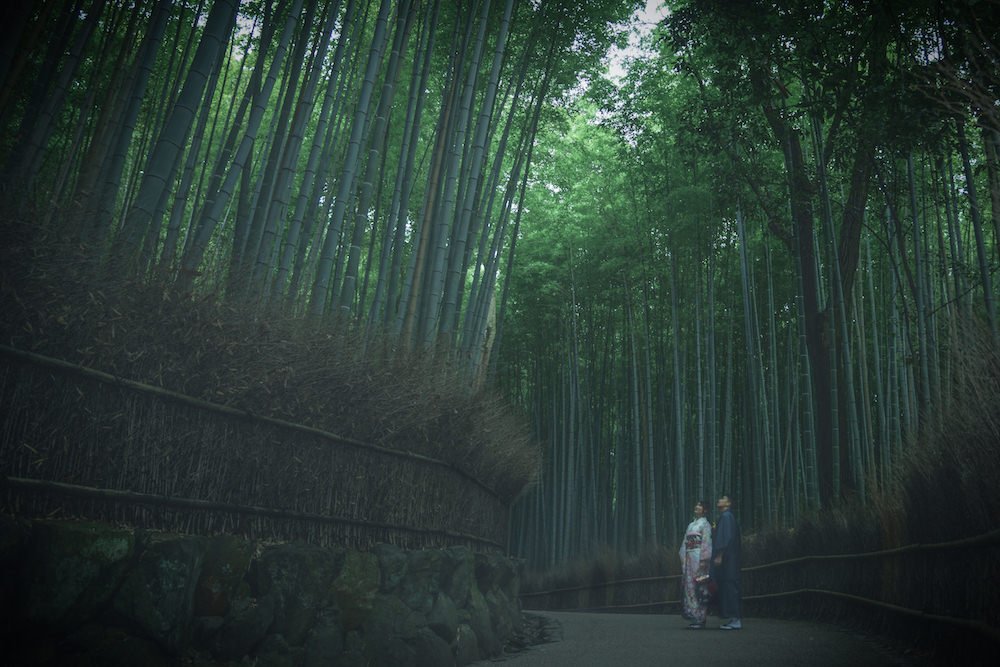 Pre-wedding photo of a couple dressed in kimono, posing dressed in kimono in mystical bamboo forest in Arashiyama, Kyoto